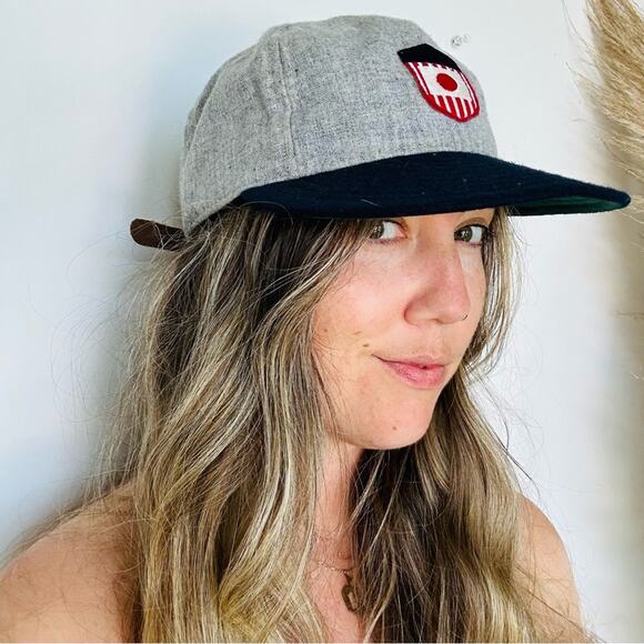 EBBETS FIELD Grey Flannel Brown Leather Snapback Adjustable Baseball Hat Cap